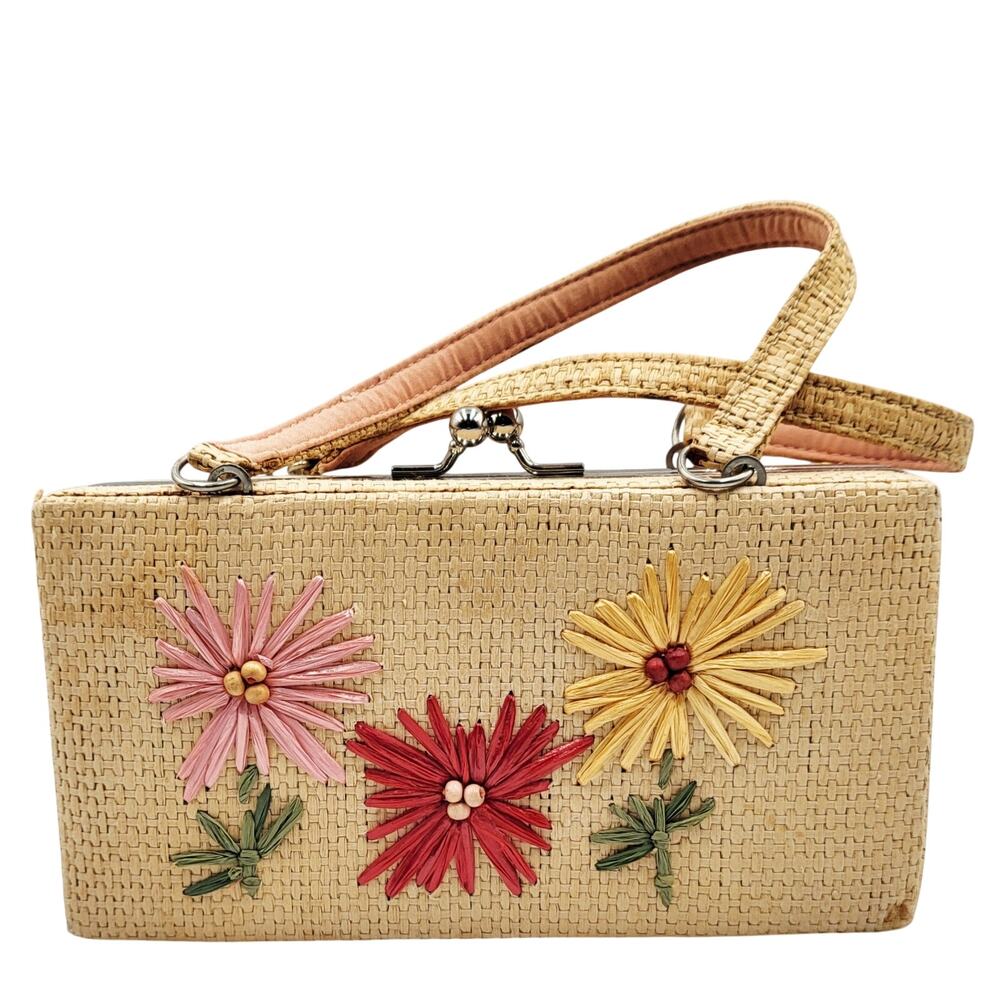 Vtg '02 Gymboree Little Hula Girl Floral Tan Paper Hard Case Kisslock Frame Bag